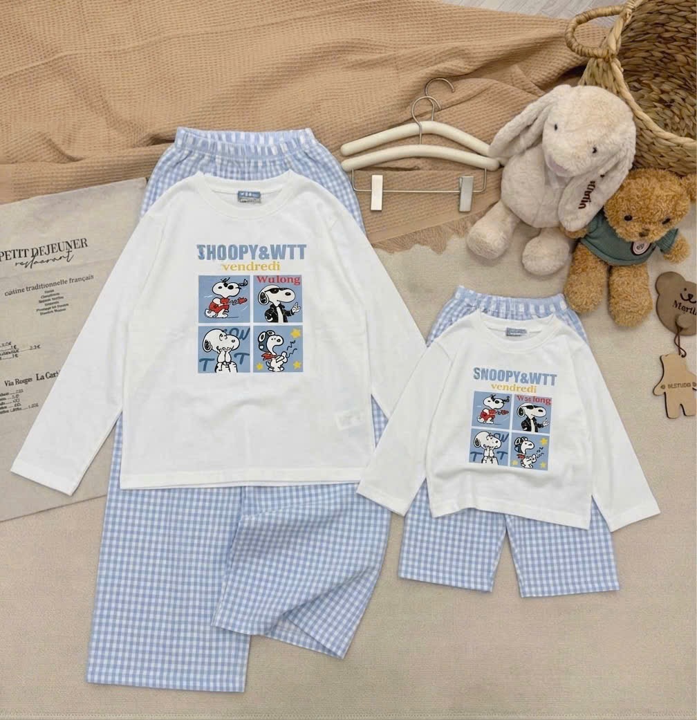 SET1024-Set quần áo đôi mẹ con vải cotton trắng xanh