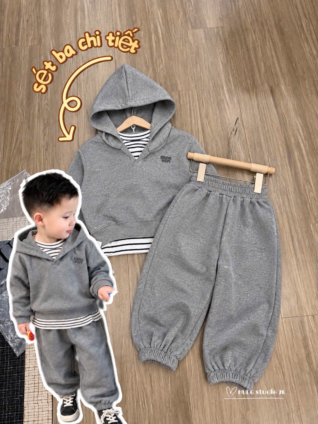 BT1065- Bộ kẻ ngang có mũ kèm áo thun trong bé trai dáng dài
