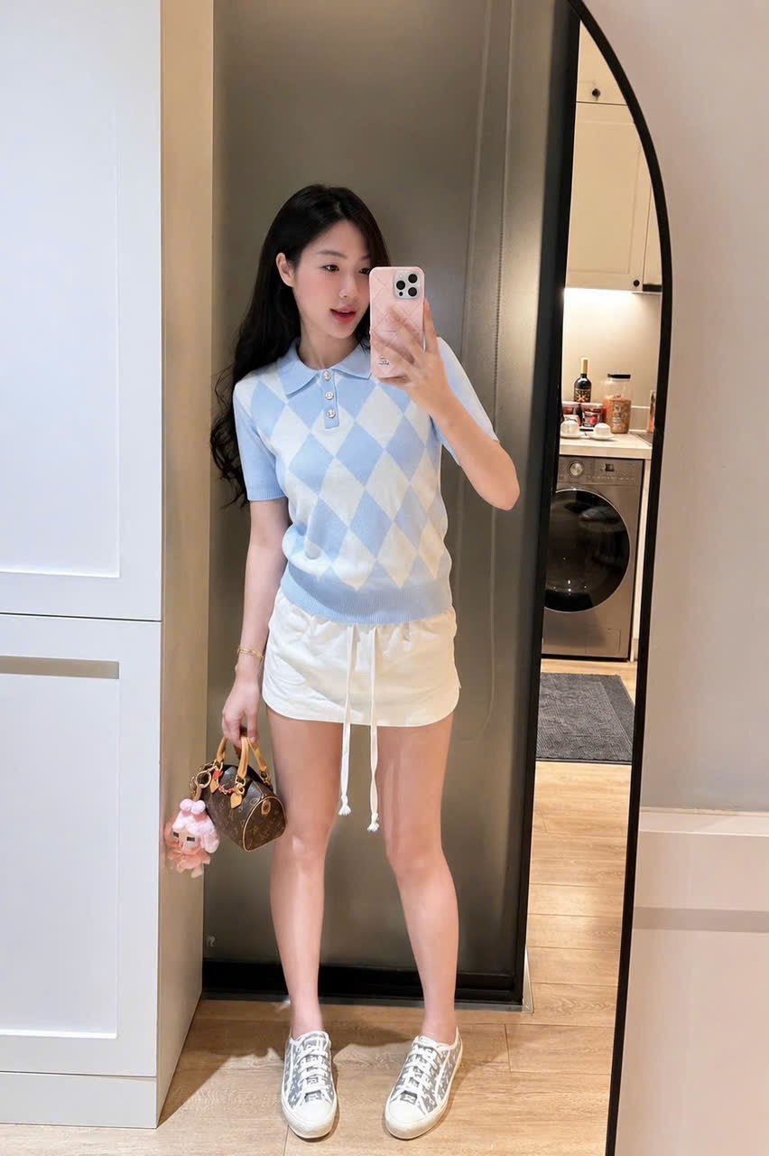 A704- Áo len cộc kẻ trám xanh full tem loại đẹp