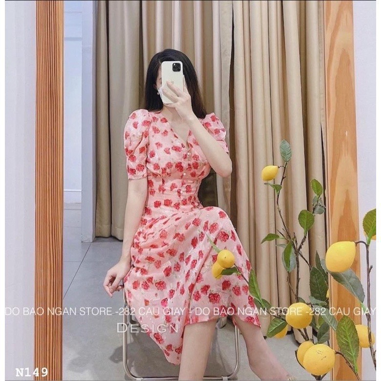 Đầm hoa  hoa hồng cổ V 2 lớp bắn  cúc ngọc