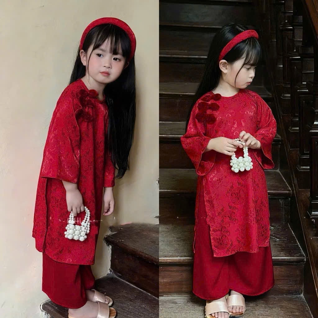 KEM MẤN- Bt796- Bộ áo dài đỏ cúc tết bé gái chất lụa