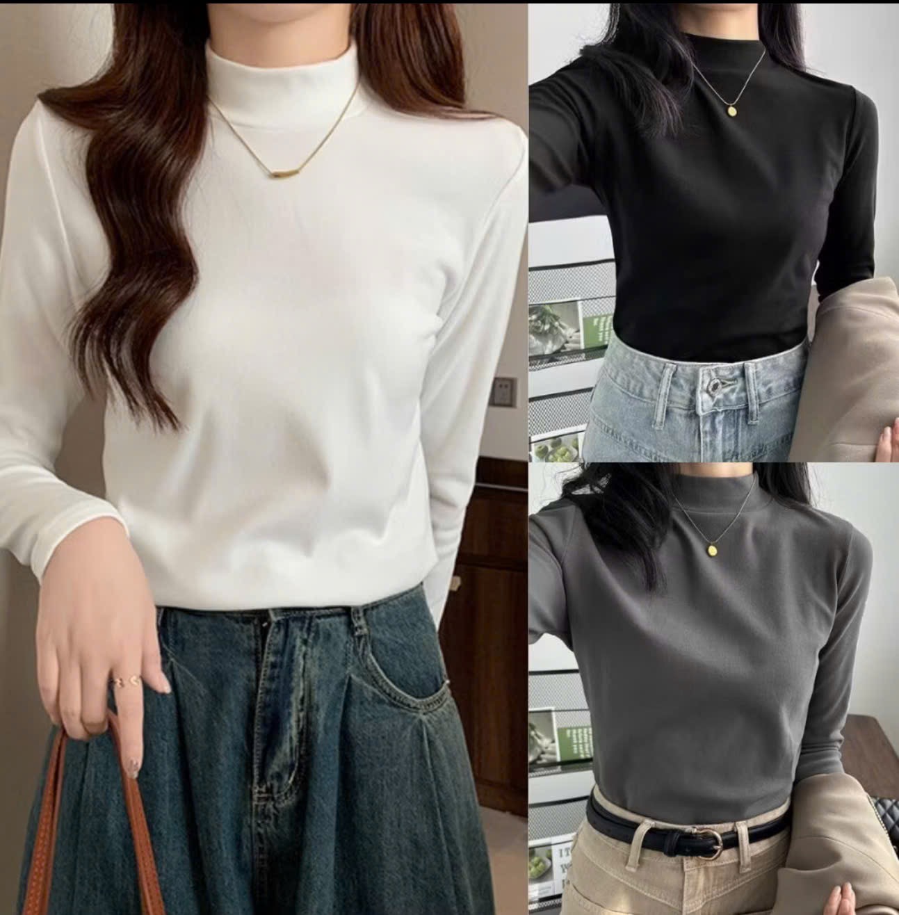 A435- Set 3 áo giữ nhiệt lót lông dài tay  đen-trắng-nâu