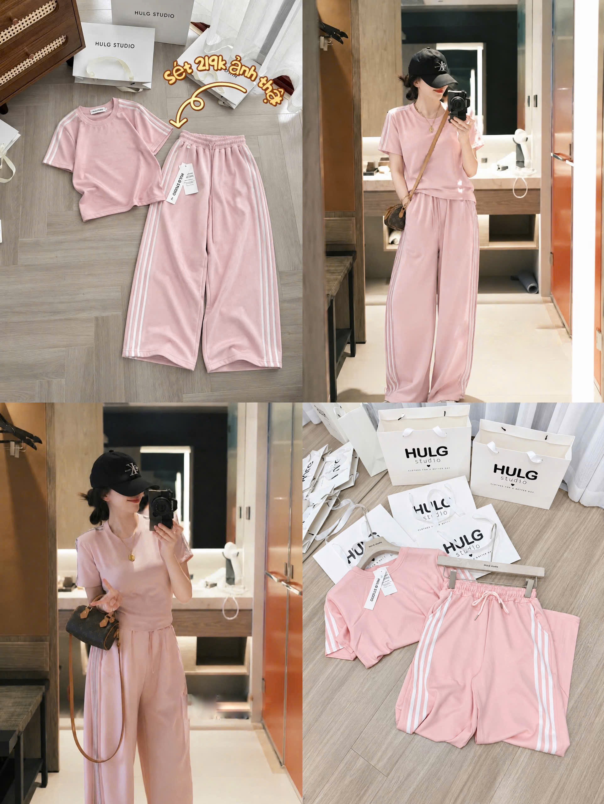 Set1041- Set áo nỉ hồng cộc phối quần suông hồng