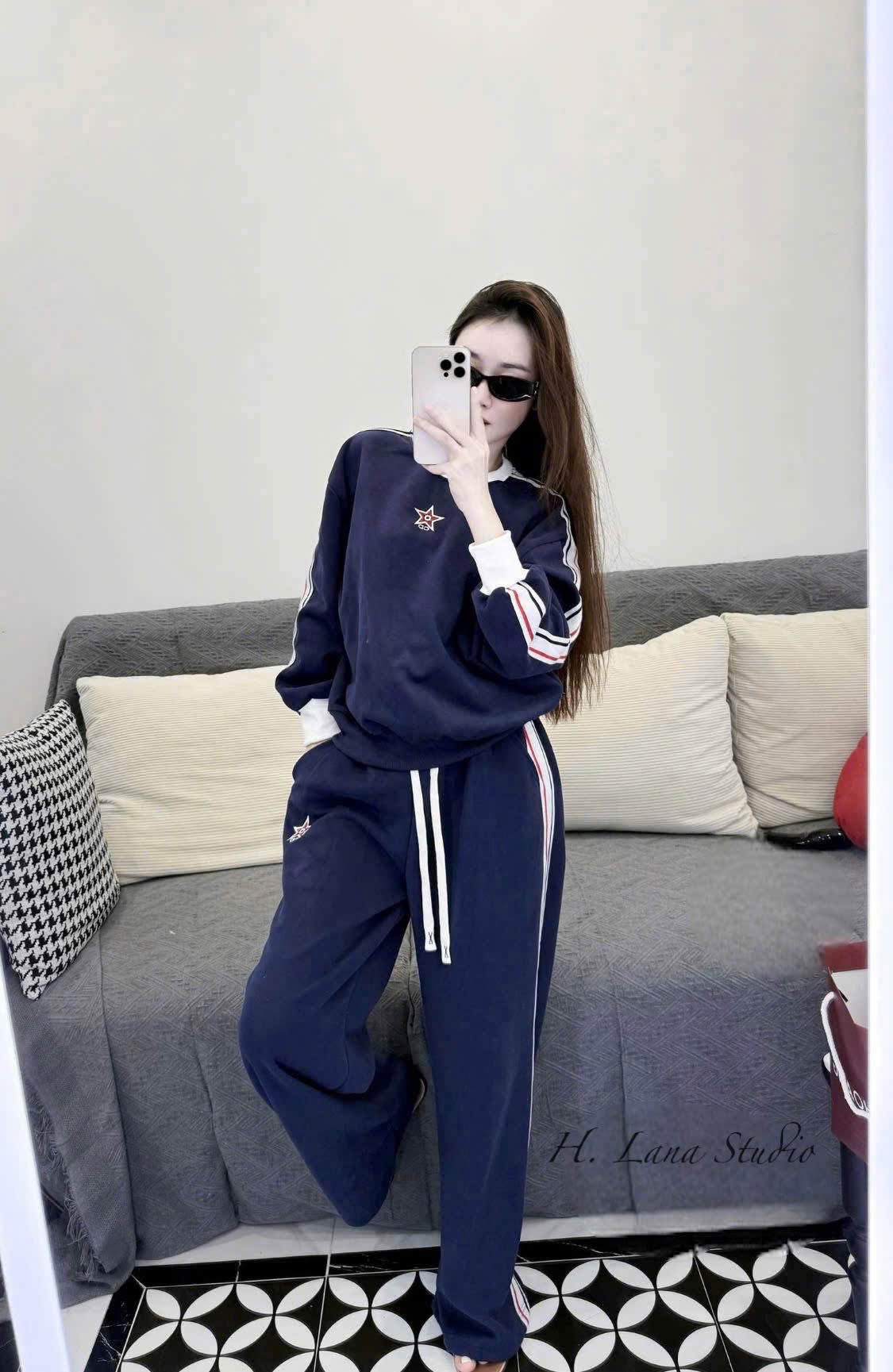 Set799-Set mặc nhà nỉ haida xanh than thêu đỏ quần suông dài