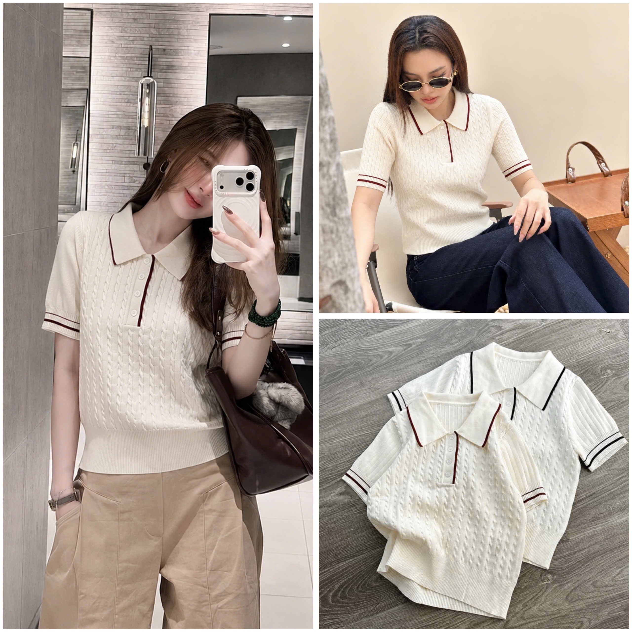 A679-Áo len thừng cộc tay trắng viền than và đỏ hàng nhà máy đủ tem