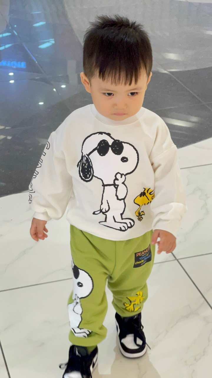 BN065- Bộ nỉ PENUTS xanh trắng trẻ em VNXK