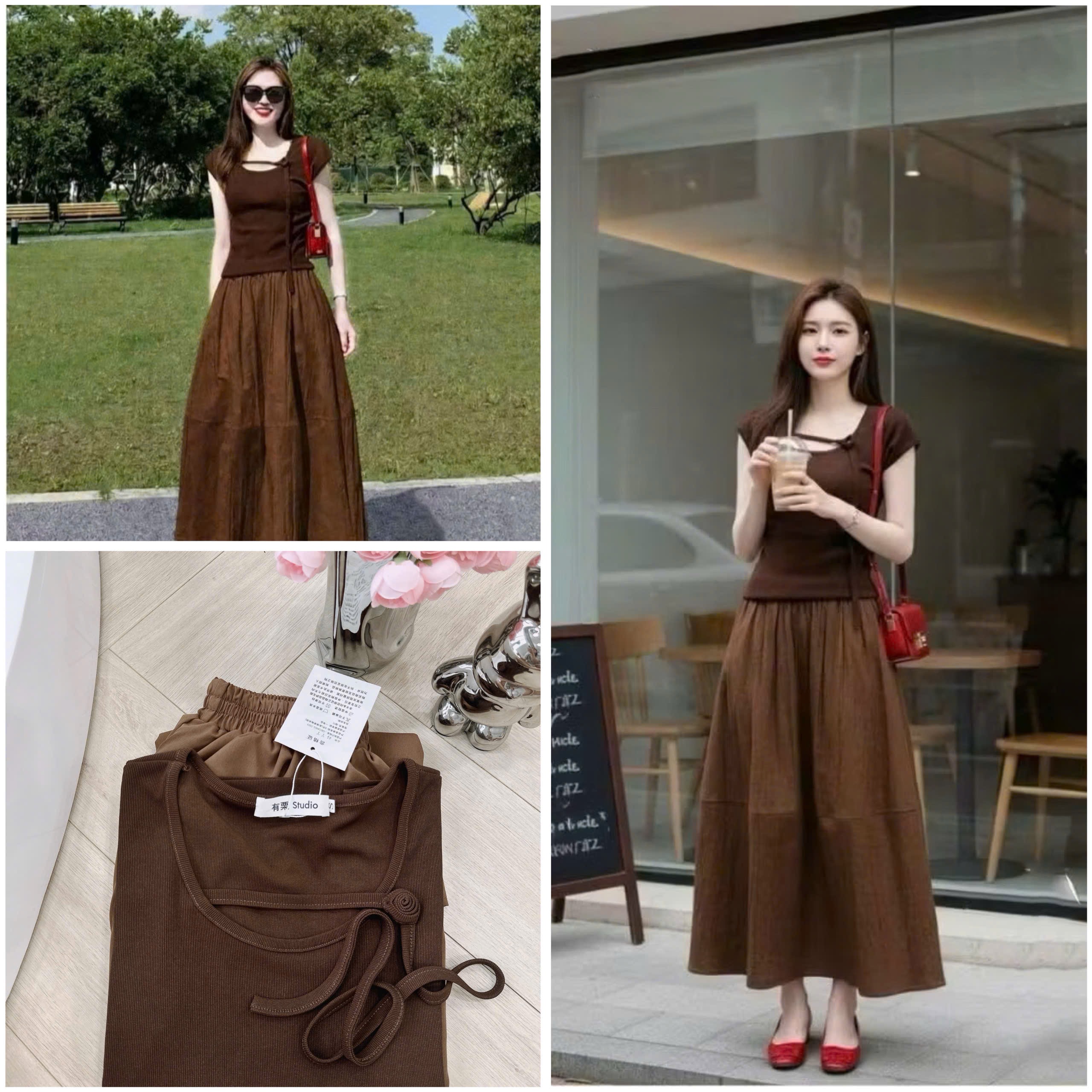 SET1006- Set áo cotton nâu đính hoa phối chân váy midi dài