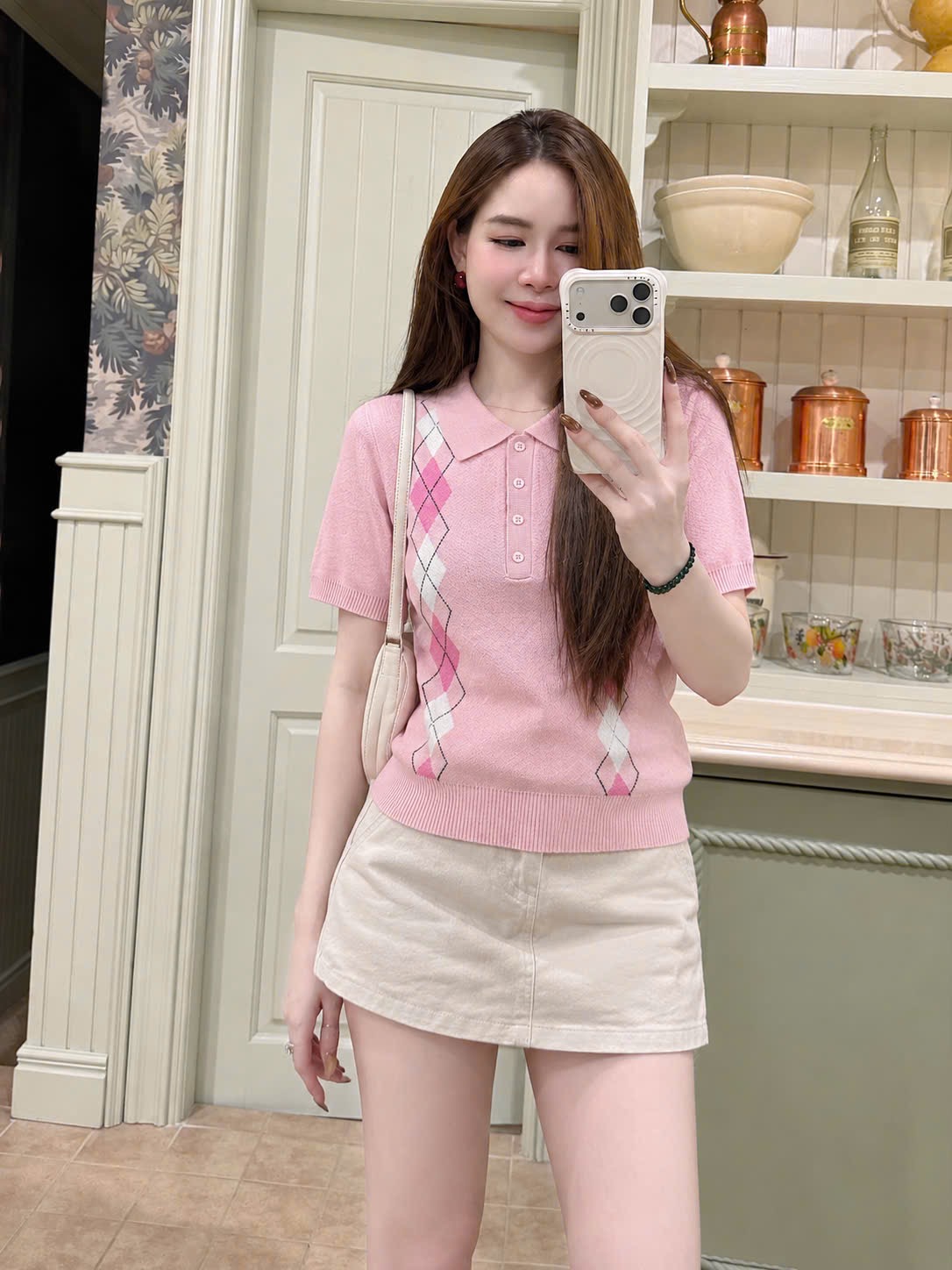 A721-Áo len dệt kim cộc tay trám hồng có tem