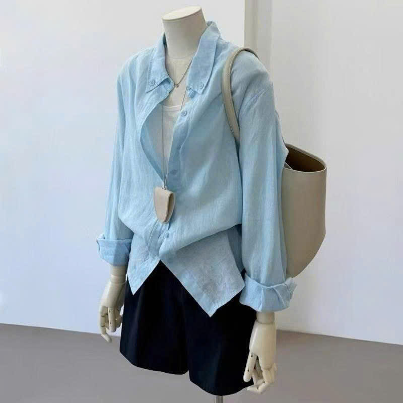 A629-Áo sơ mi xanh đũi linen