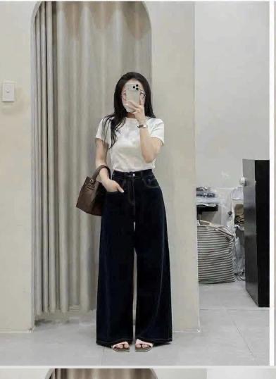 QUAN118- Quần JEANS suông đậm gấu bản to mác da