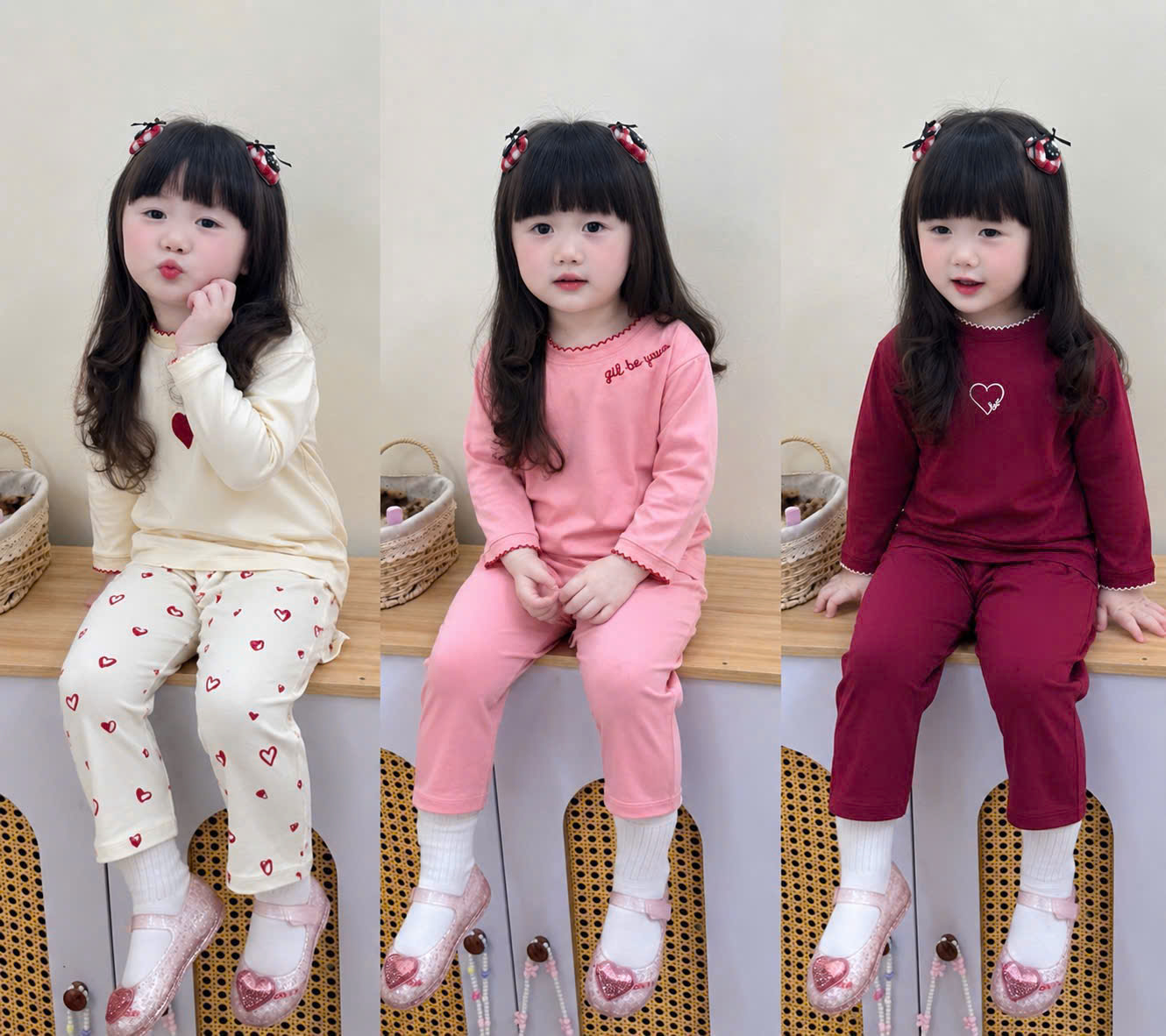 BT1023-combo 3 bộ cotton dài tay hồng bé gái