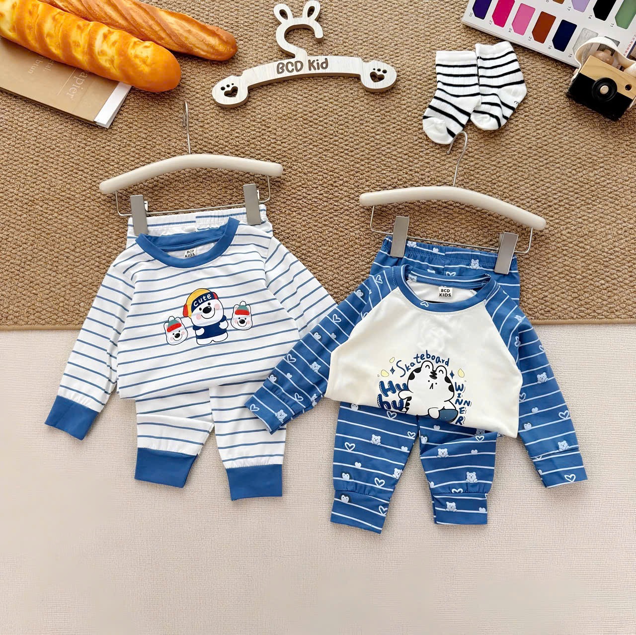 BT1081- Set 2 bộ thun díp dài tay xanh trắng kẻ Cute bé trai