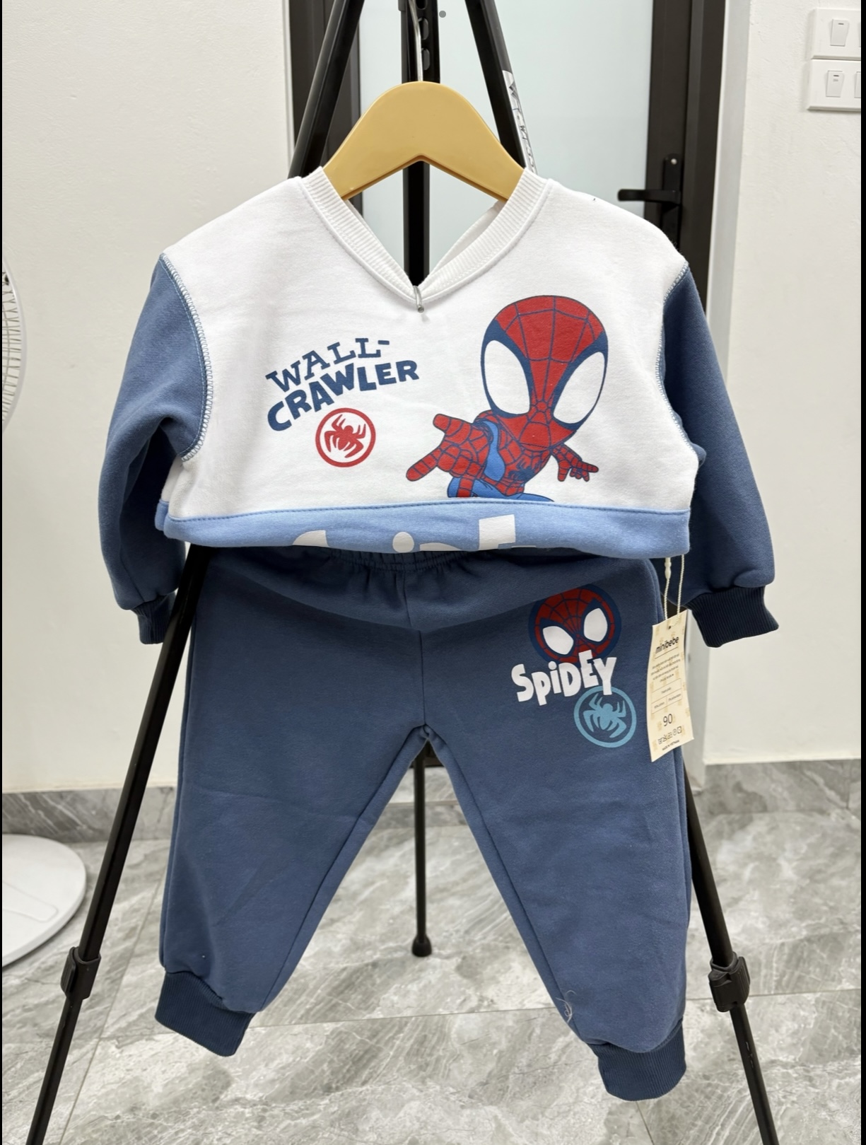 Bt781- Bộ nỉ bông  nhện phối xanh nhạt-trắng in nét