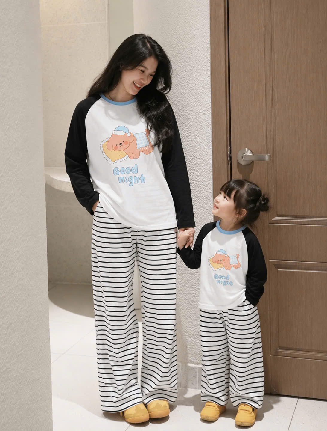 SET1020-Set quần áo đôi mẹ con vải cotton áo cộc quần dài kẻ
