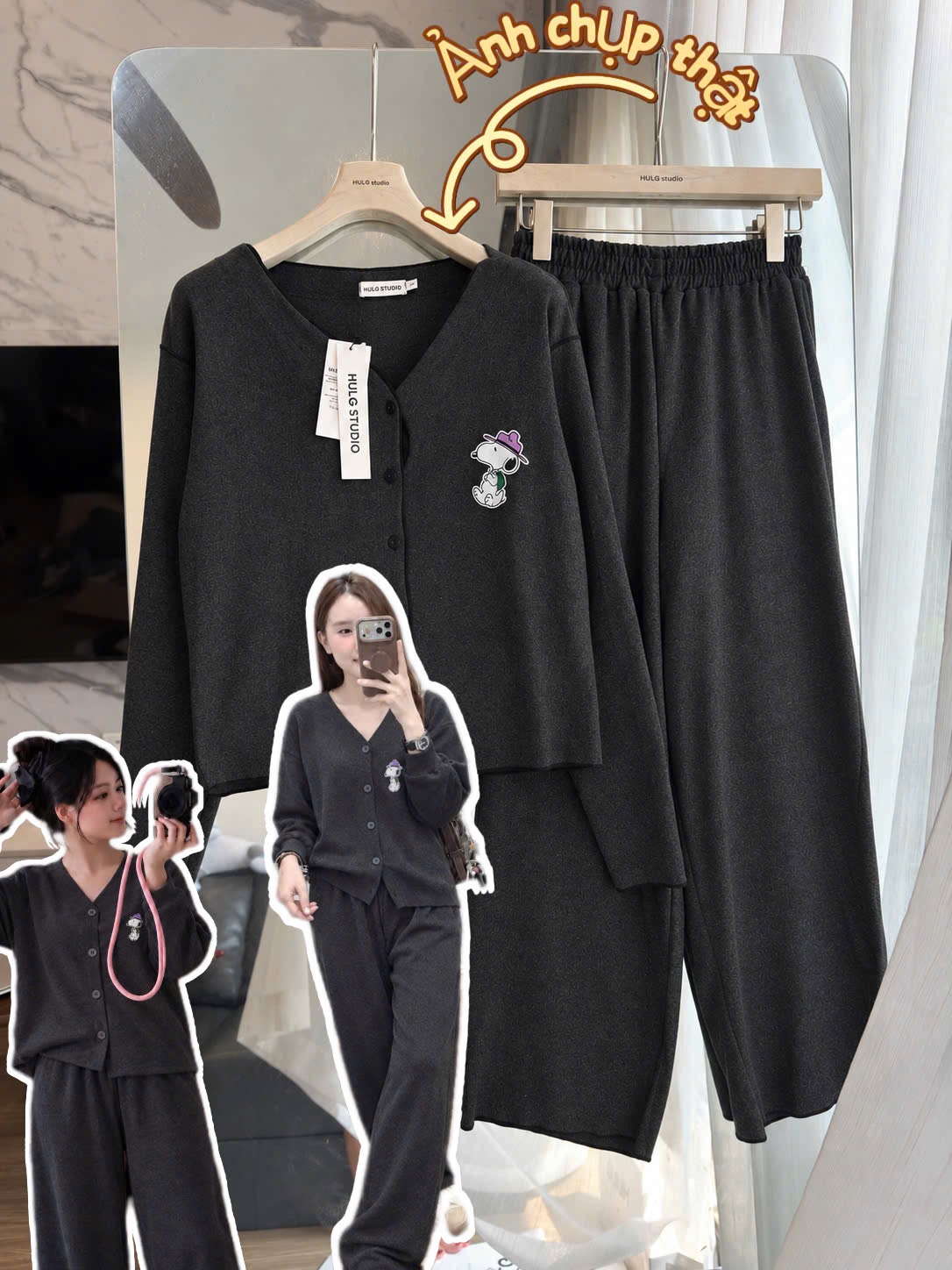 Set1080- Set zip lông mềm màu ghi đậm in CÚN MŨ TÍM