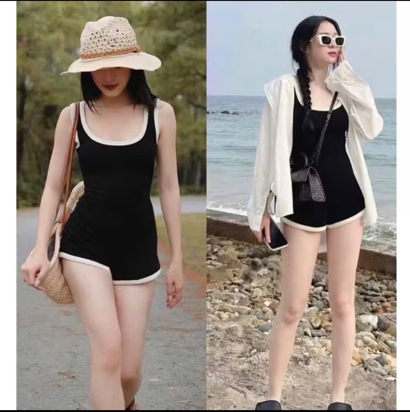 SET996-Jumsuit/ Bộ đi biển liền thân sát nách CÓ SẴN ĐỆM NGỰC màu đen viền trắng