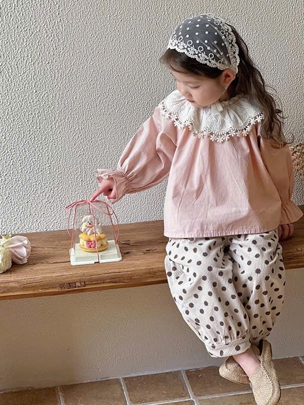 BT609-Bộ dài tay bé gái áo cổ ren phối quần dài bo gấu