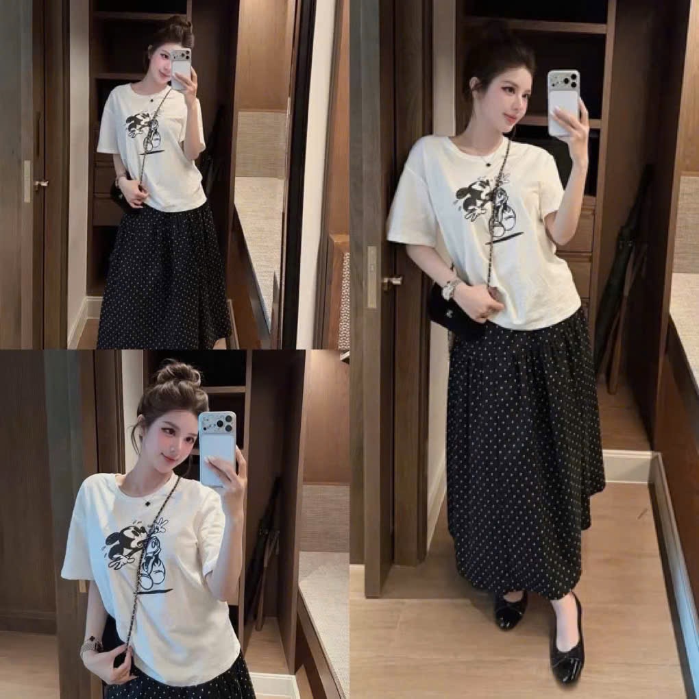 SET919-Set áo thun trắng mickey phối chân váy đen bi