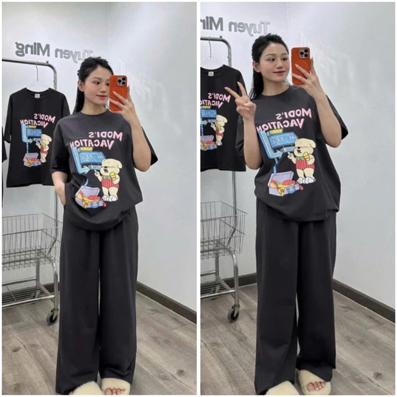 SET477-Set zip màu ghi MODI in lụa quần suông mix áo suông