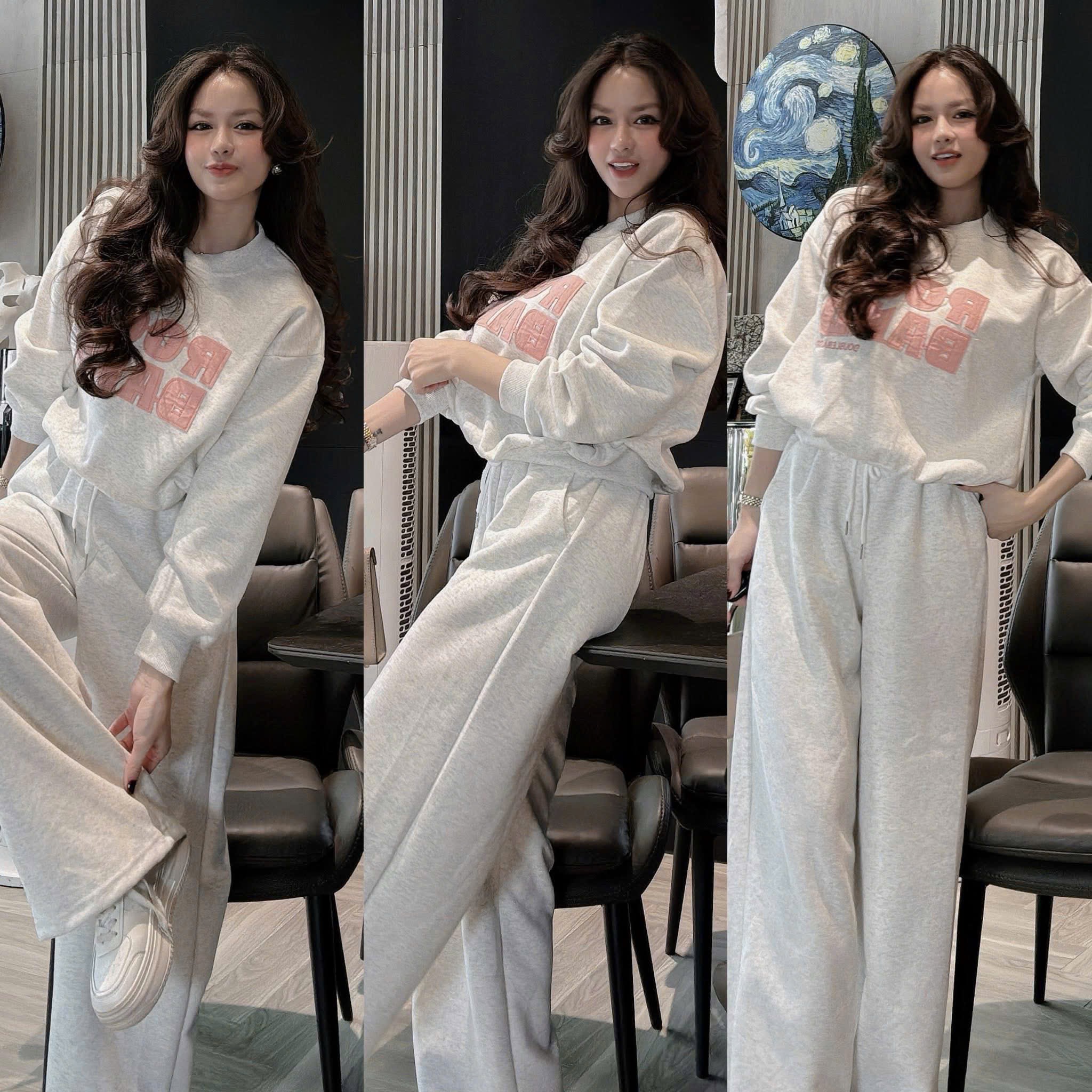 Set833- Set nỉ xám chữ hồng dáng quần bom