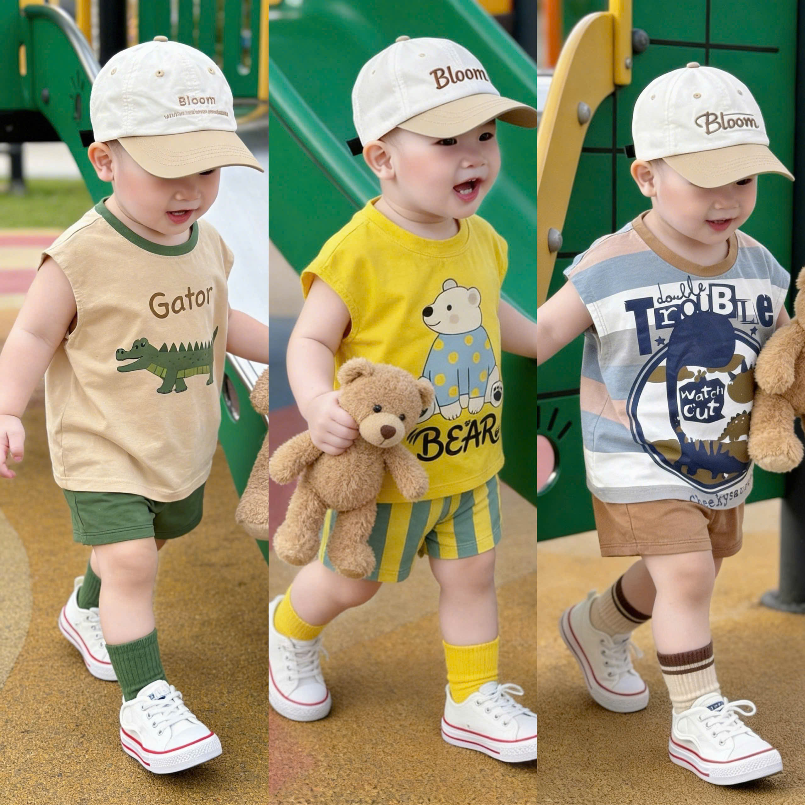 BT9420-CB 3 bộ balo cotton quần sọc 3 màu VÀNG-NÂU=XANH