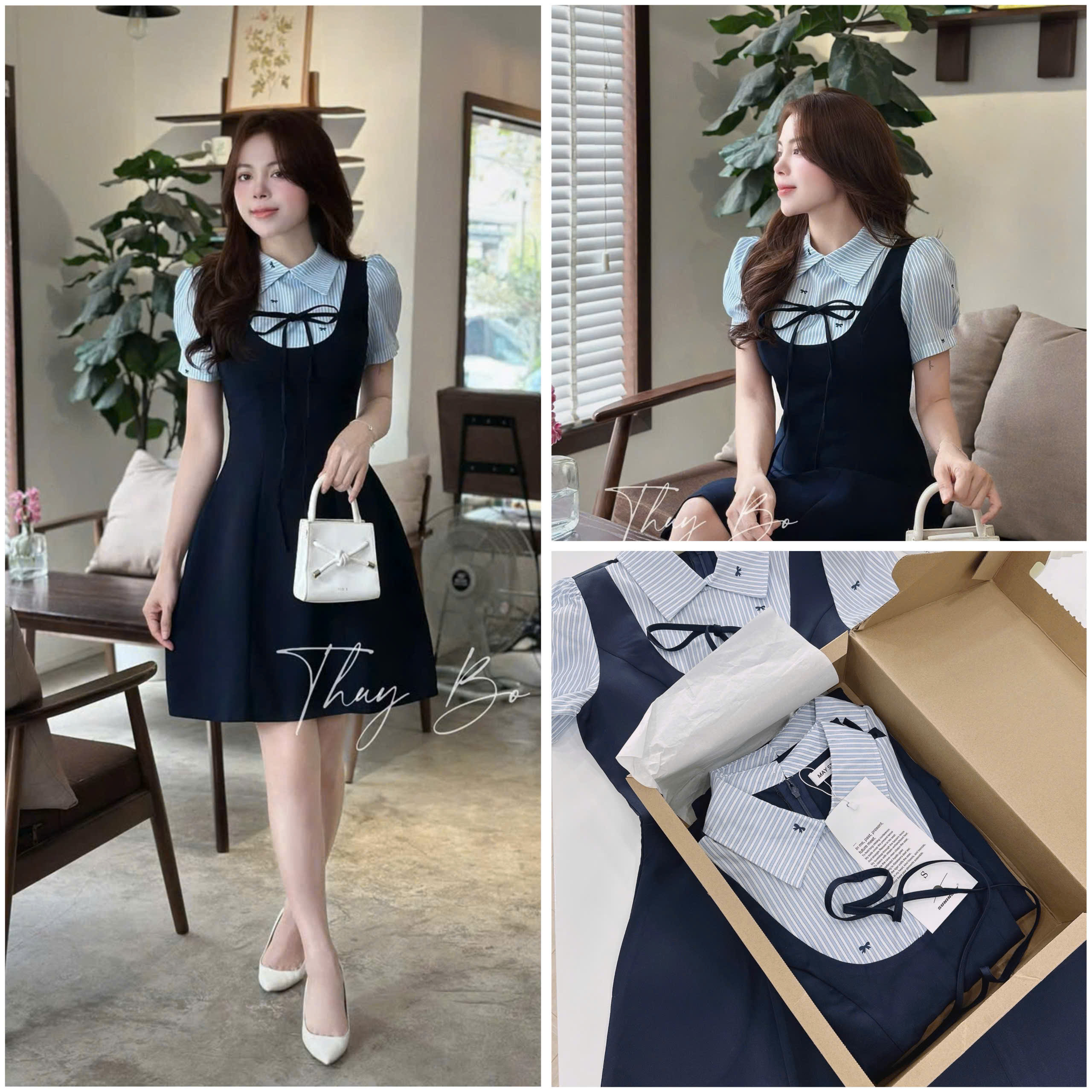 Dam174- Váy xoè ngắn đen phối tay sơ mi kẻ đính nơ