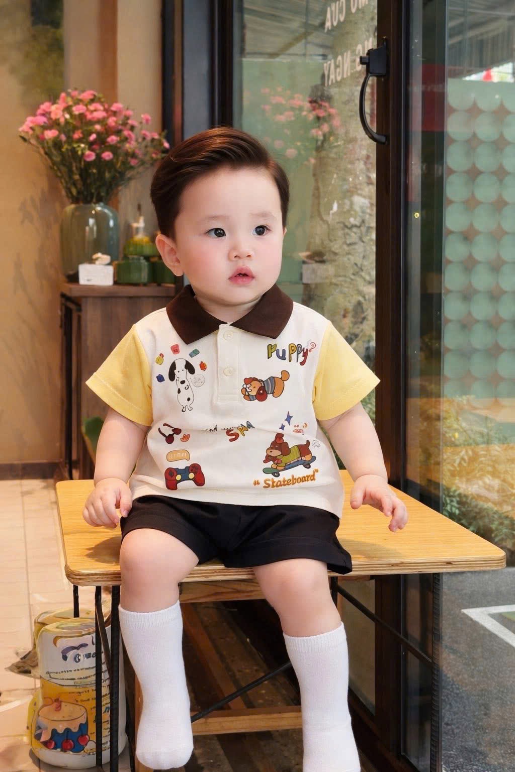Btt955- Bộ polo cộc tay phối cổ màu nâu mix jeans