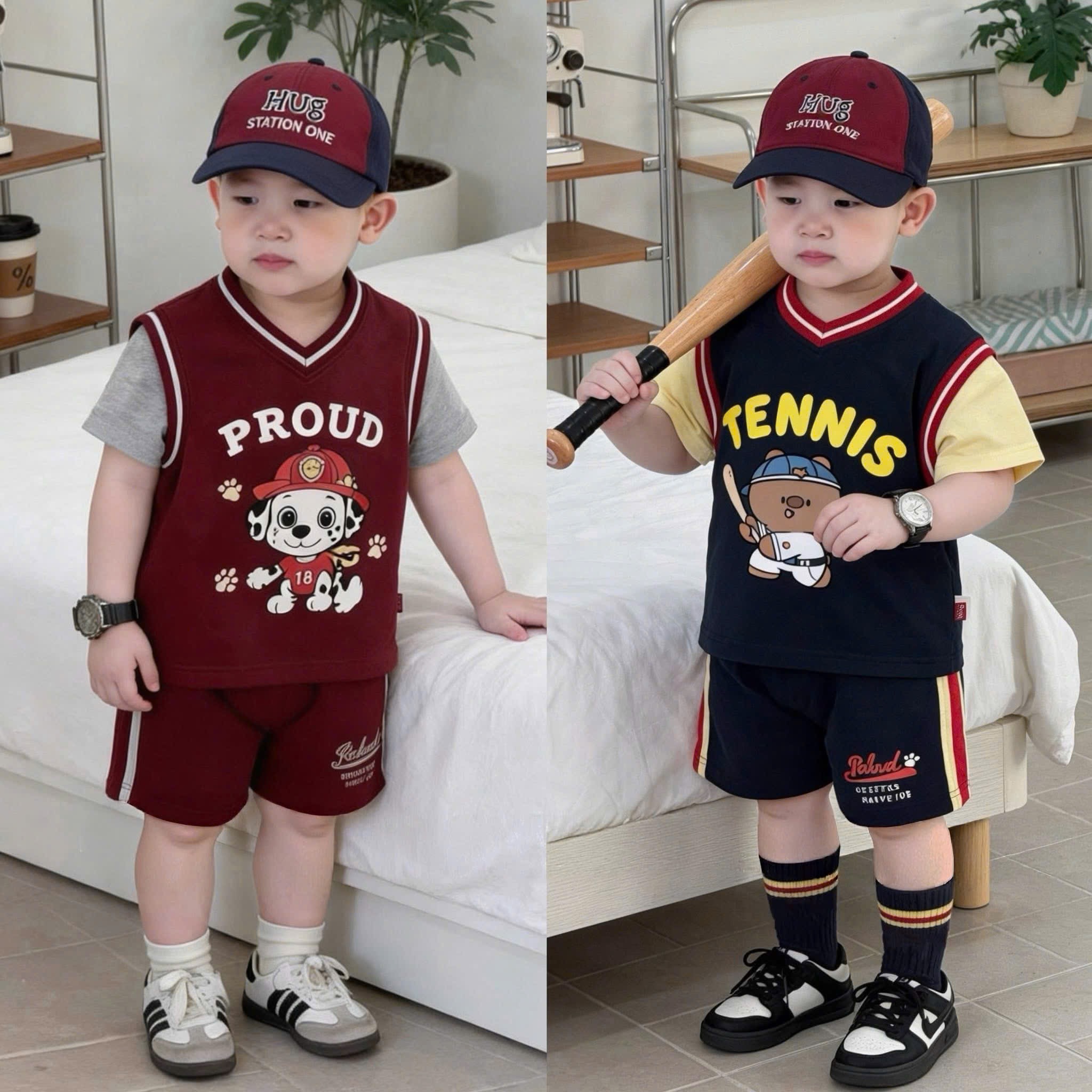 BT983-Combo 2 bộ phối cotton viền đỏ cộc tay cho bé