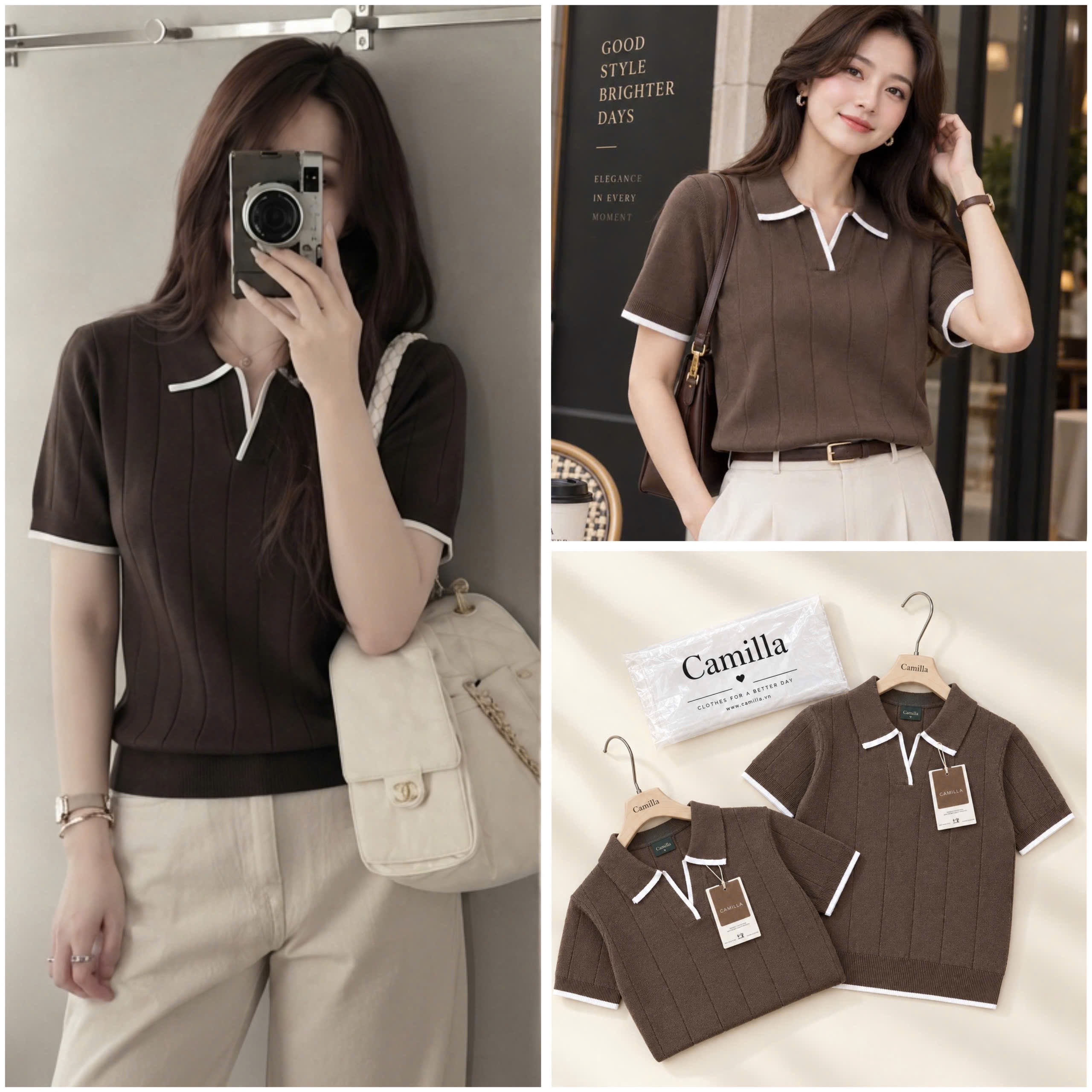 A744-Áo len dệt kim cộc tay nâu viền trắn Camilla
