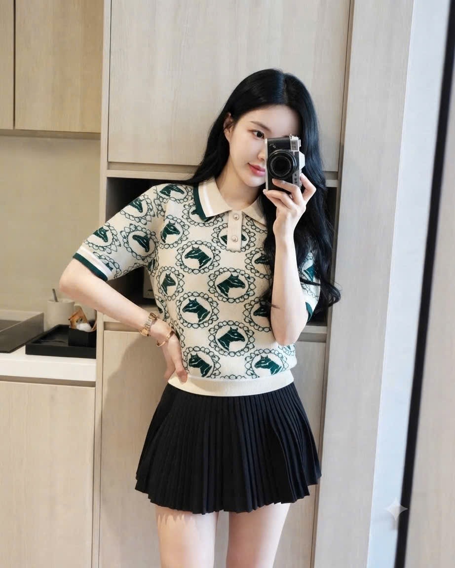 A710- Áo len cộc tay dệt kim ngựa xanh