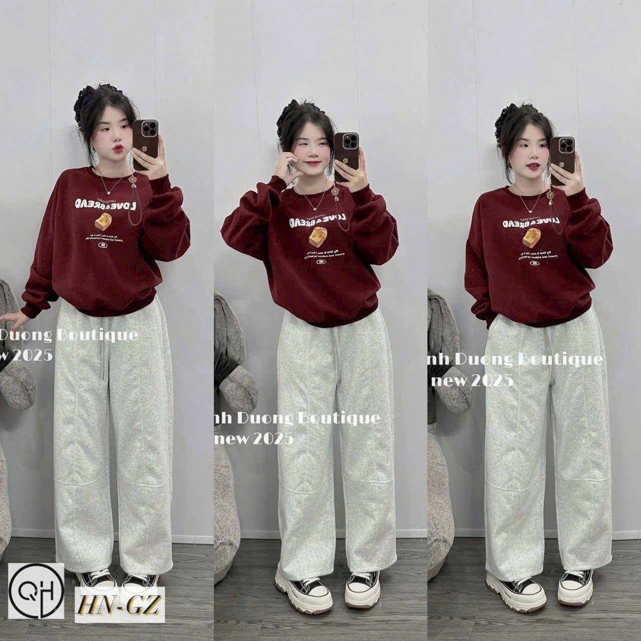 Set832- Set áo nỉ đỏ phối quần suông xám