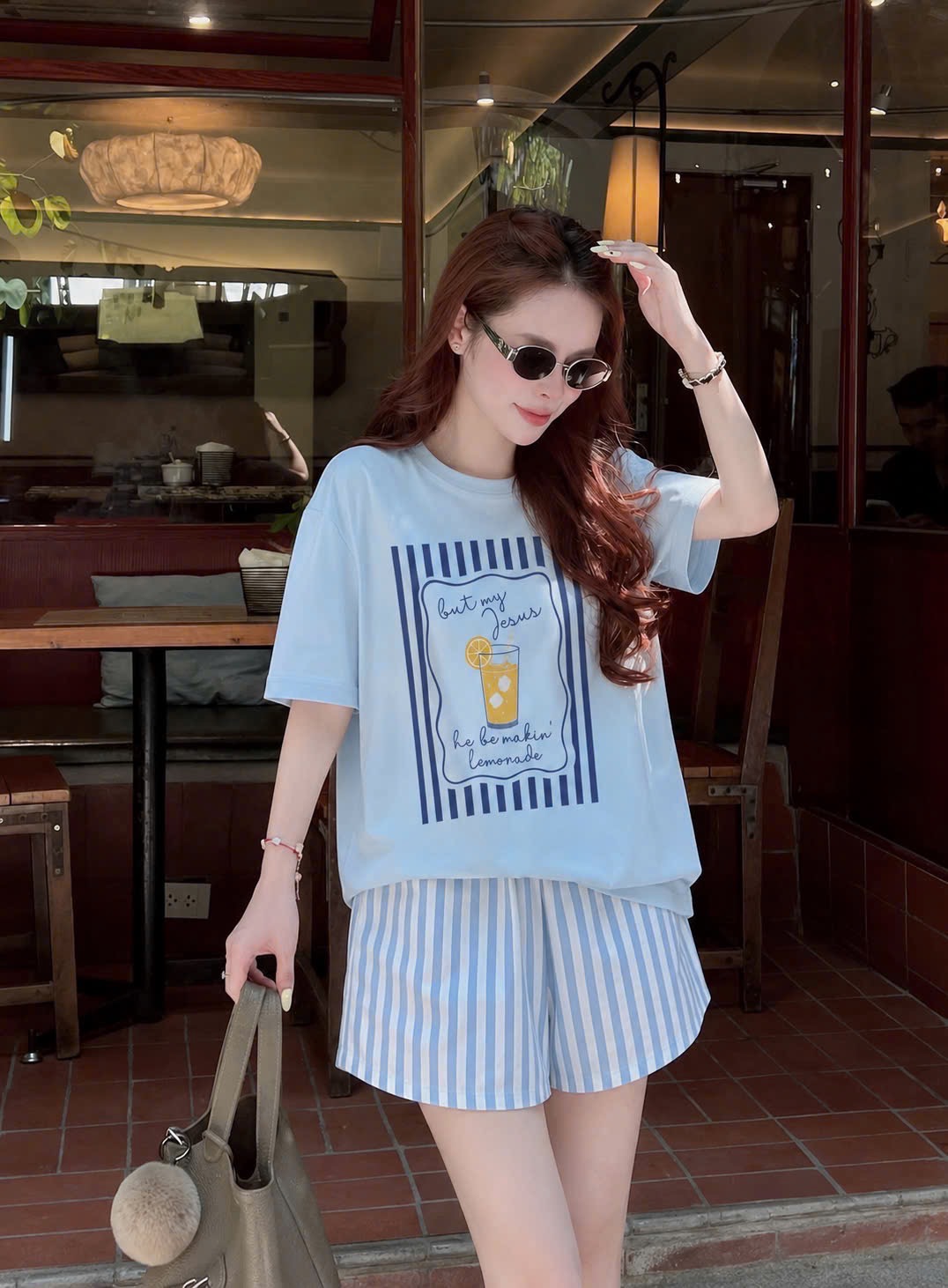 SET1017-Set thun cộc áo kẻ xanh phối quần short