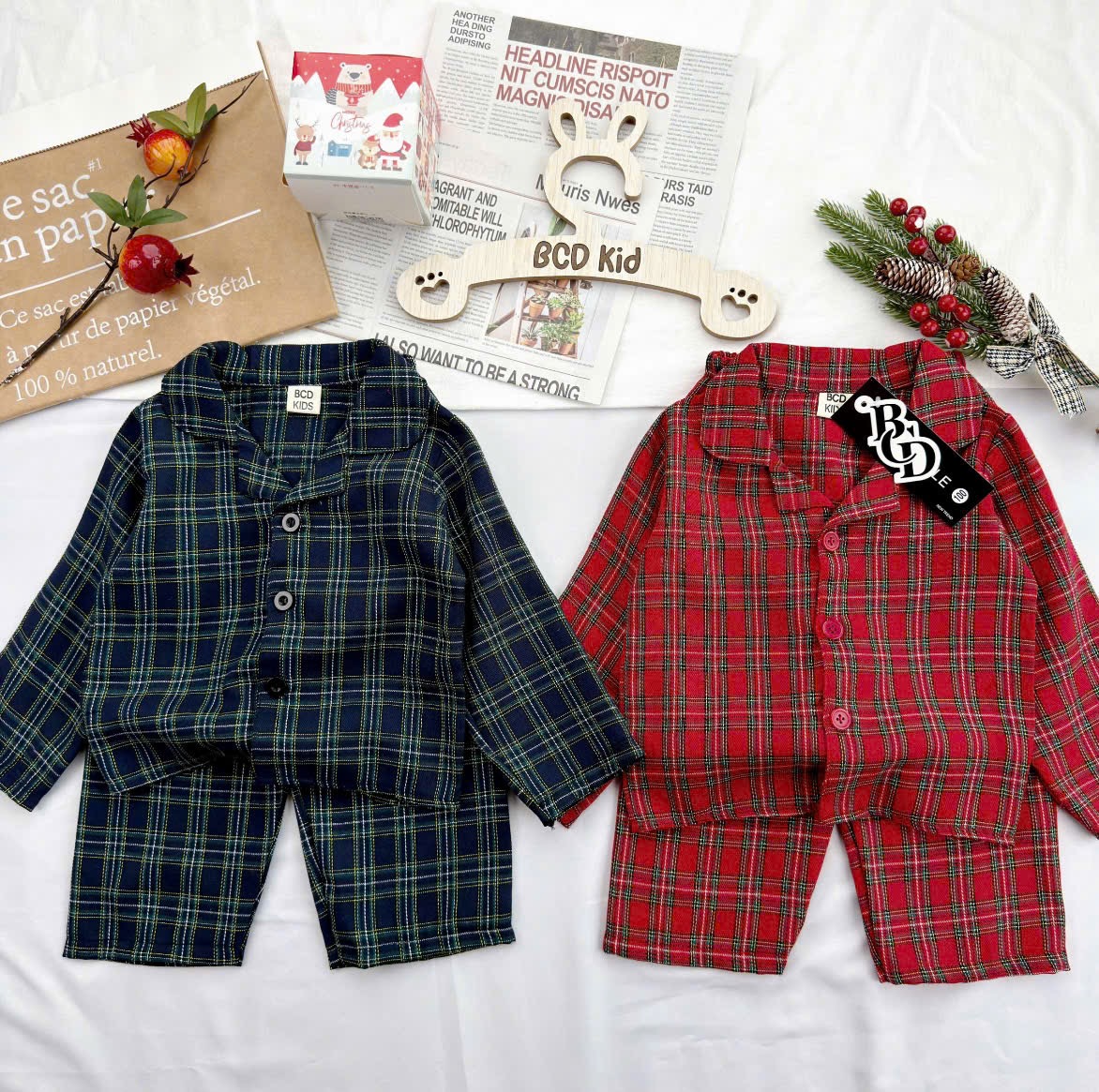 Bt771- Bộ pijama kẻ xanh-đỏ chất thô mềm loại đẹp