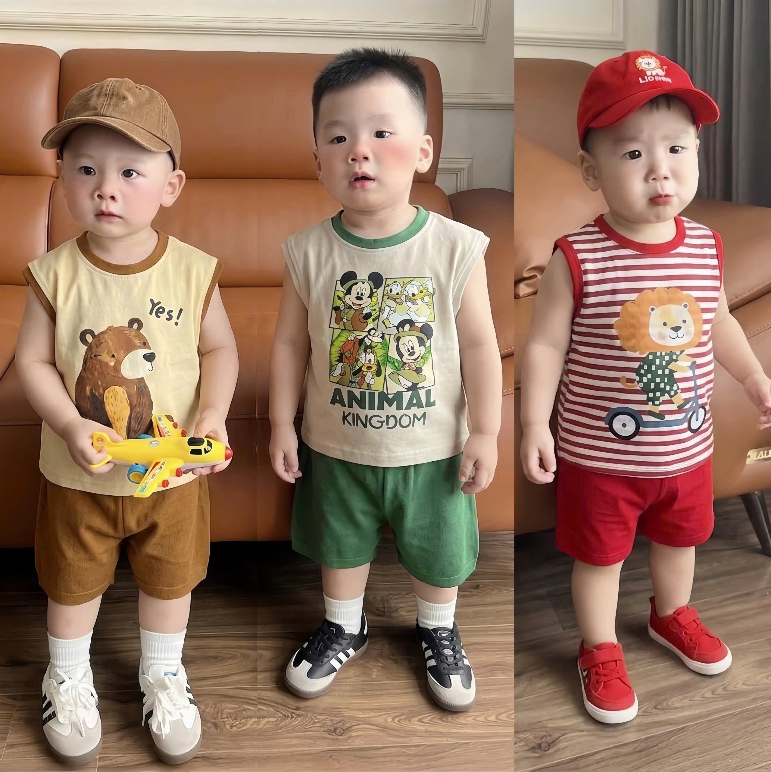 BT989- Combo 3 bộ cotton balo ĐỎ -NÂU- XANH trẻ em
