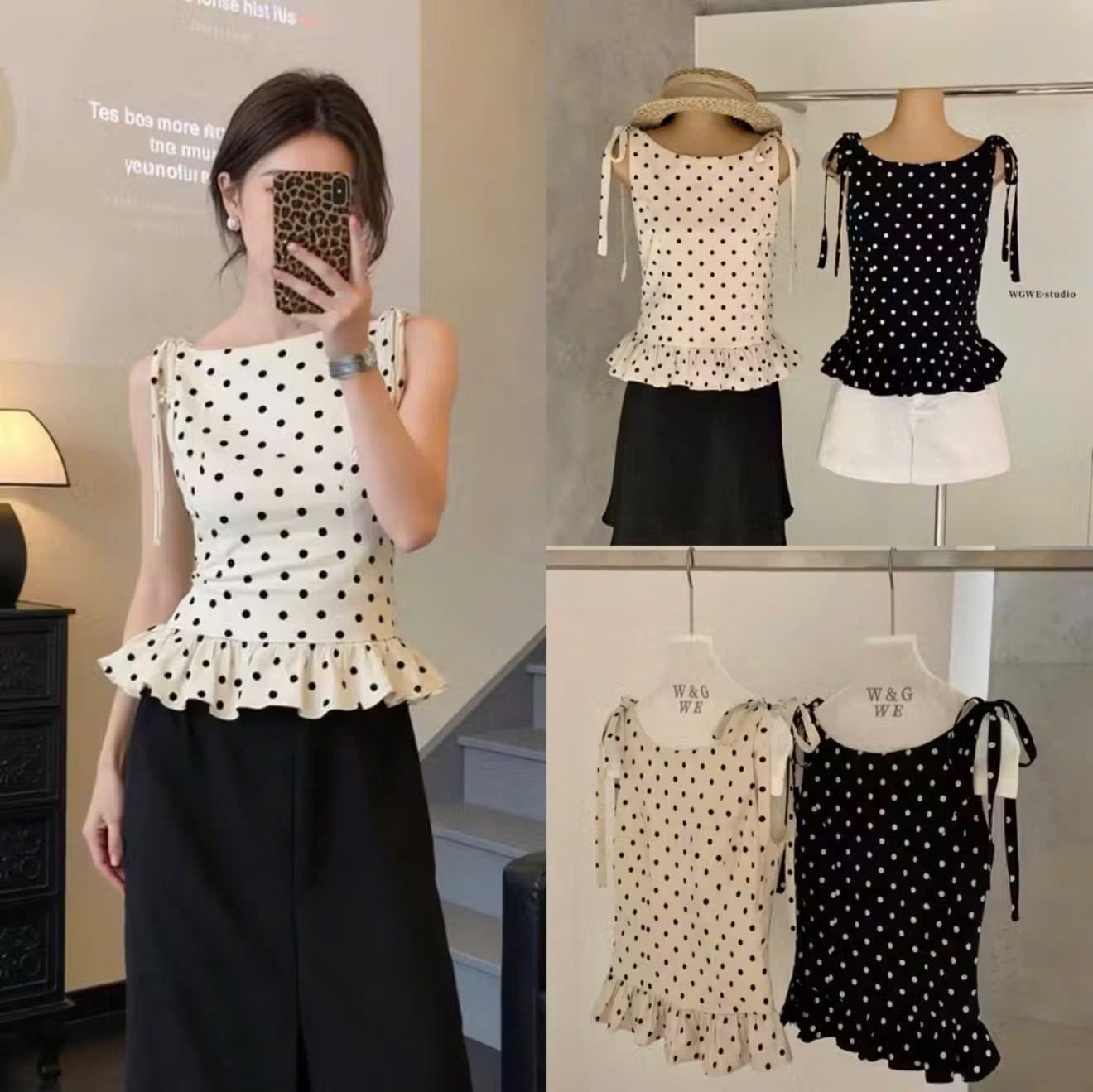 A626- Áo chấm bi dây vai 2 màu 2 lớp