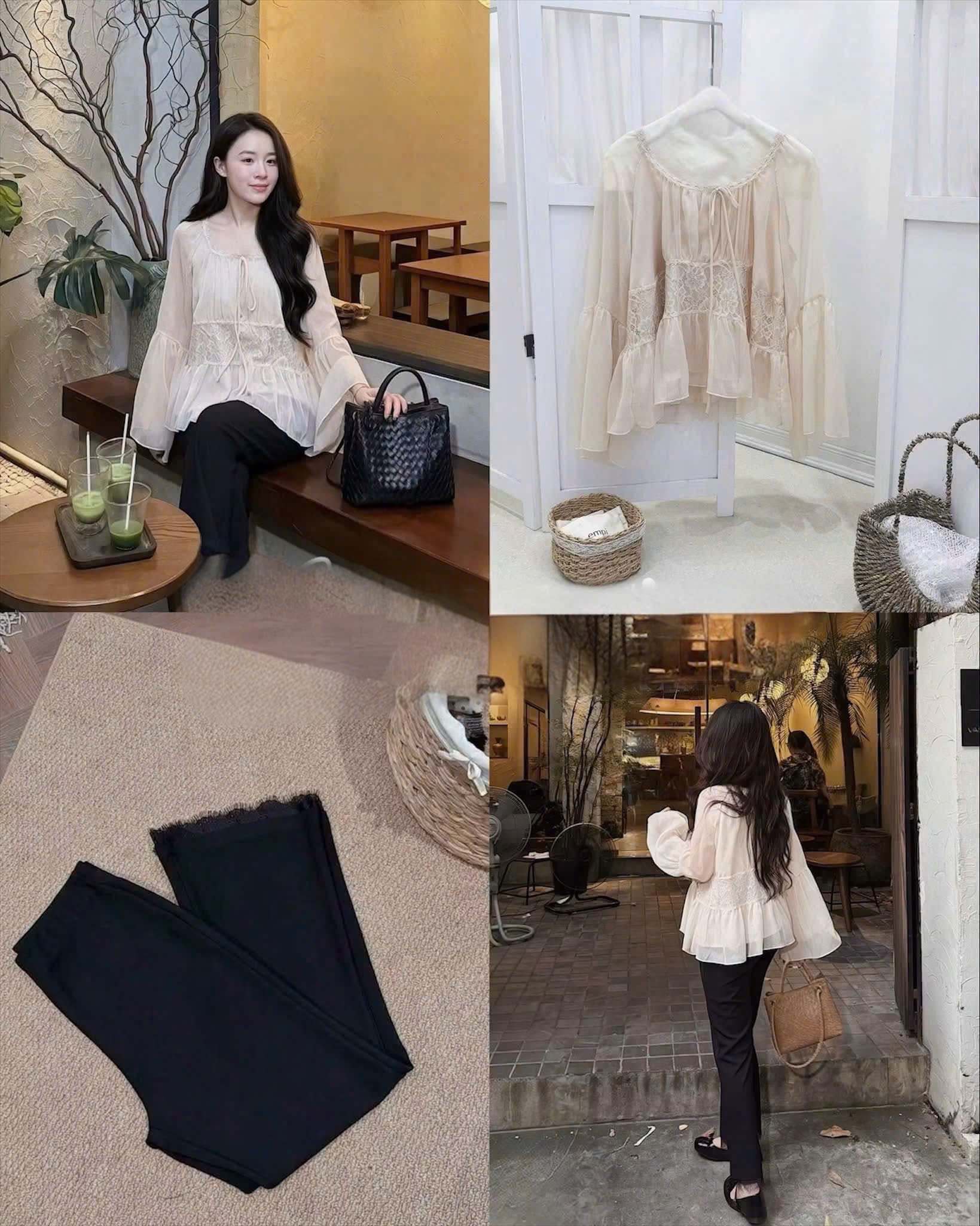 QUAN122- Quần loe đen phối ren vải umi co dãn mềm dài 102cm