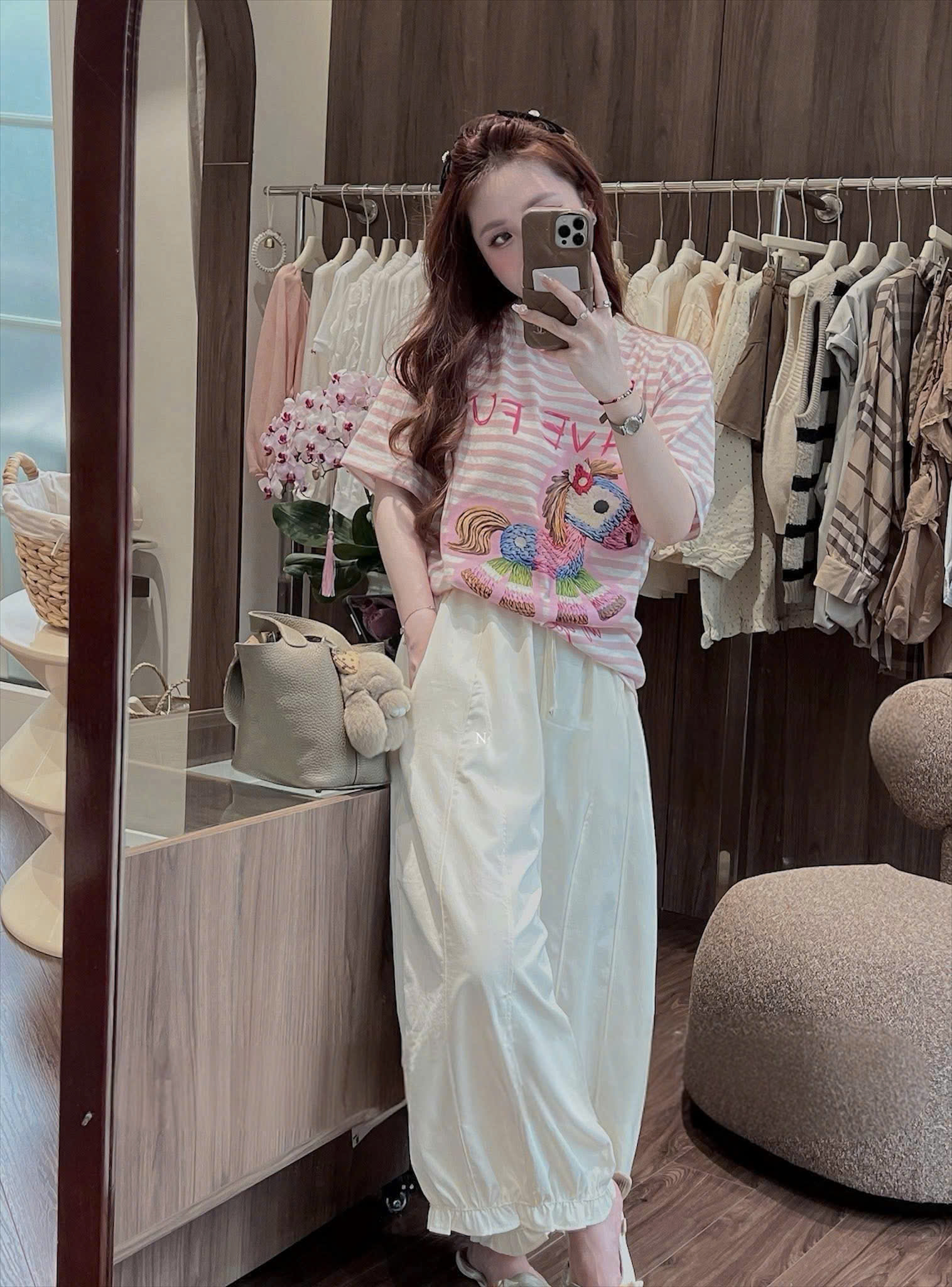 Set902- Set mặc nhà áo thun kẻ hồng phối quần dài bo ống