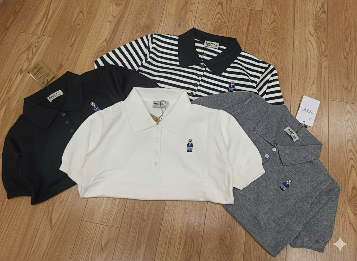 A471- Áo len dệt kim cộc tay cổ bẻ thêu gấu 4 màu hàng nhà máy đủ tem mác