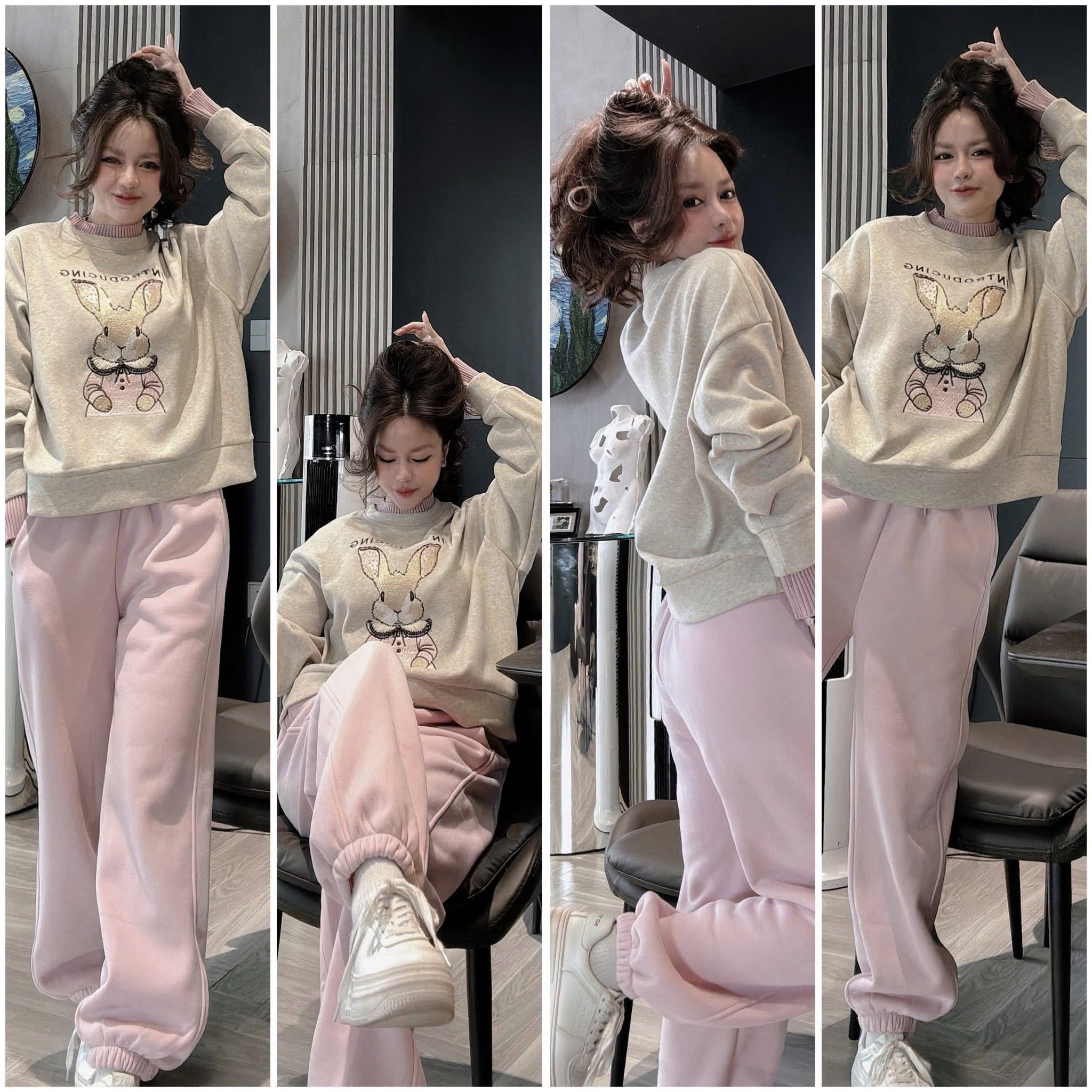 Set854- Bộ nỉ xám viền hồng hình thỏ quần suông