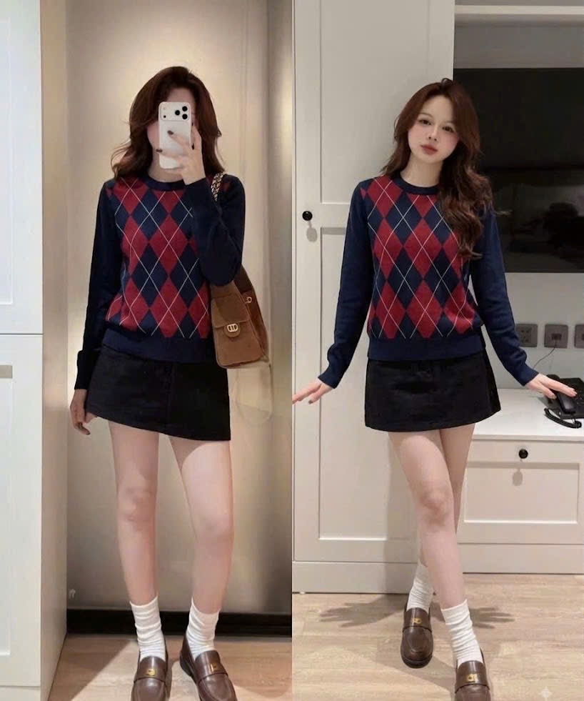A673-Áo len kẻ trám đỏ than hàng nhà máy đủ tem