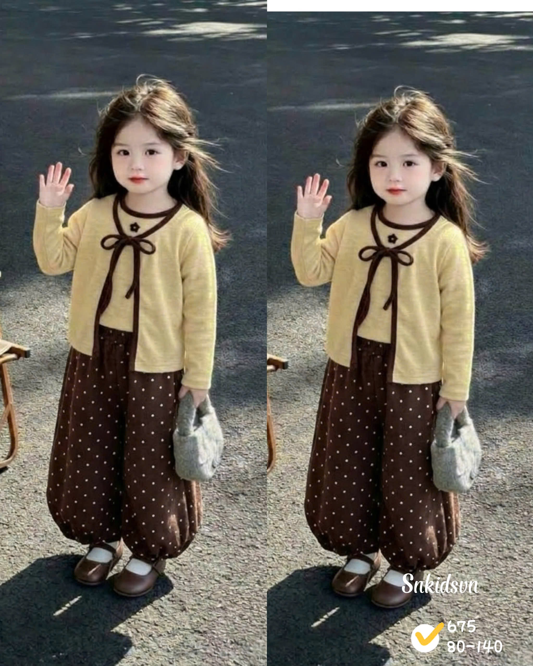 damgai17- Set áo cadigan vangc mix quần bia chấm bi màu nâu