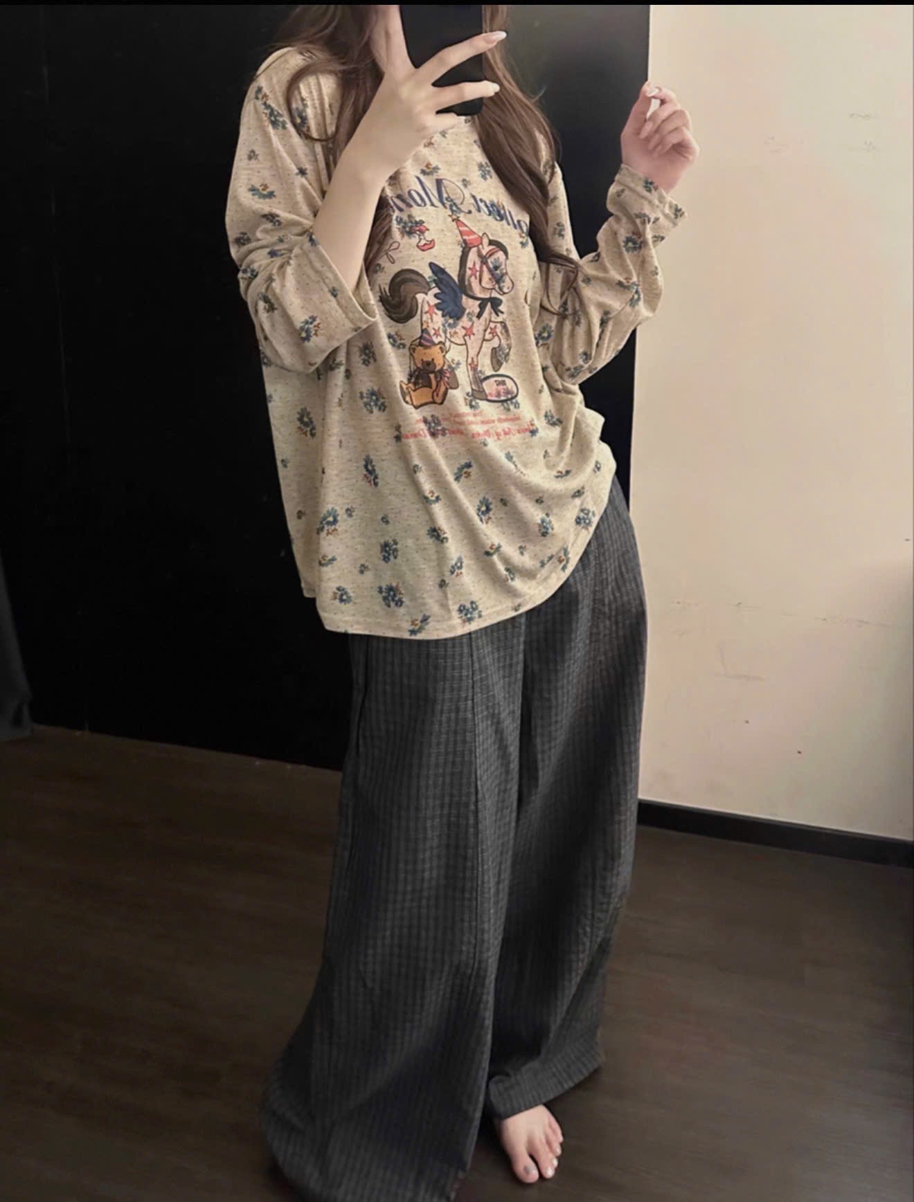 Set1038- Set dài tay ngựa xanh phối quần suông dài 100 cm