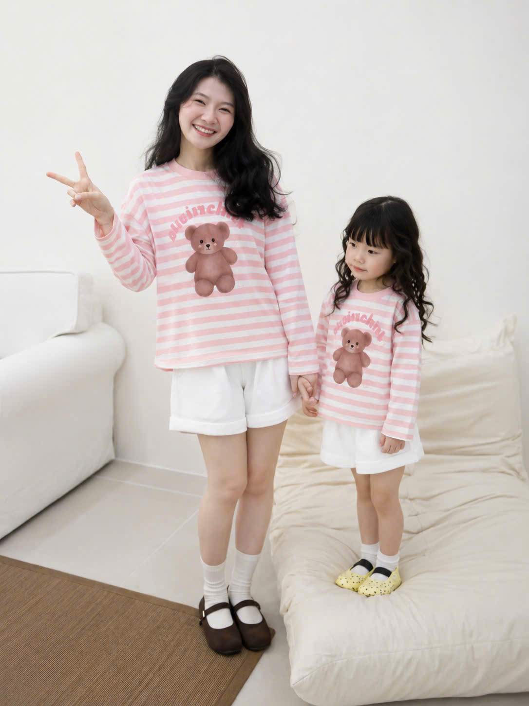 SET1021-Set quần áo đôi mẹ con vải cotton áo dài quần cộc