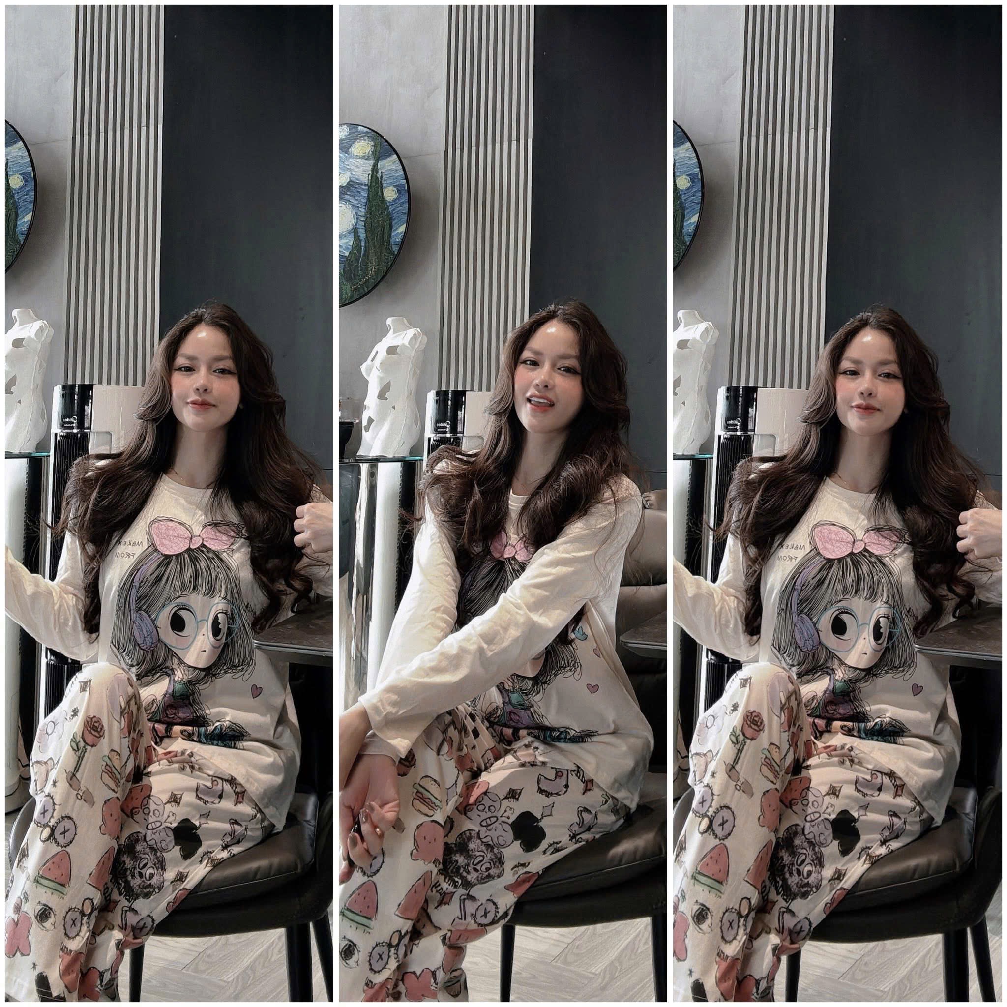 set816- bộ cô gái cotton màu trắng quần suông in cạp chun