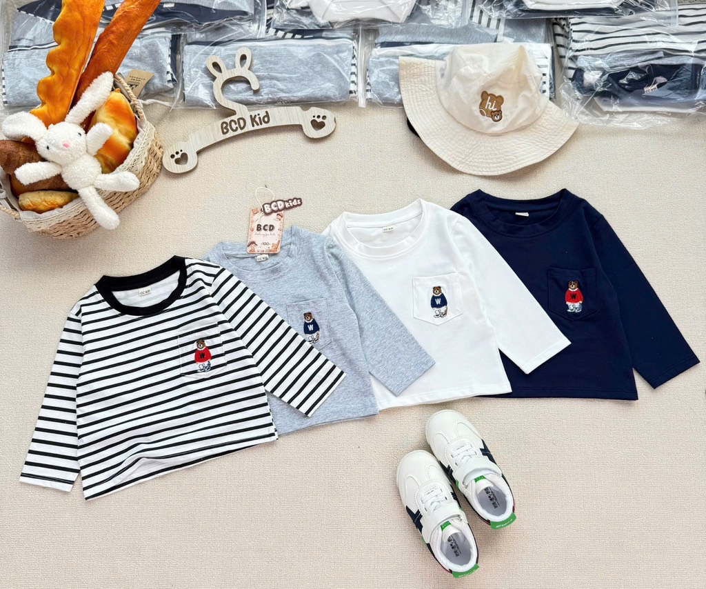 BT1012-Combo 4 áo thun cotton dài tay thêu gấu cho bé