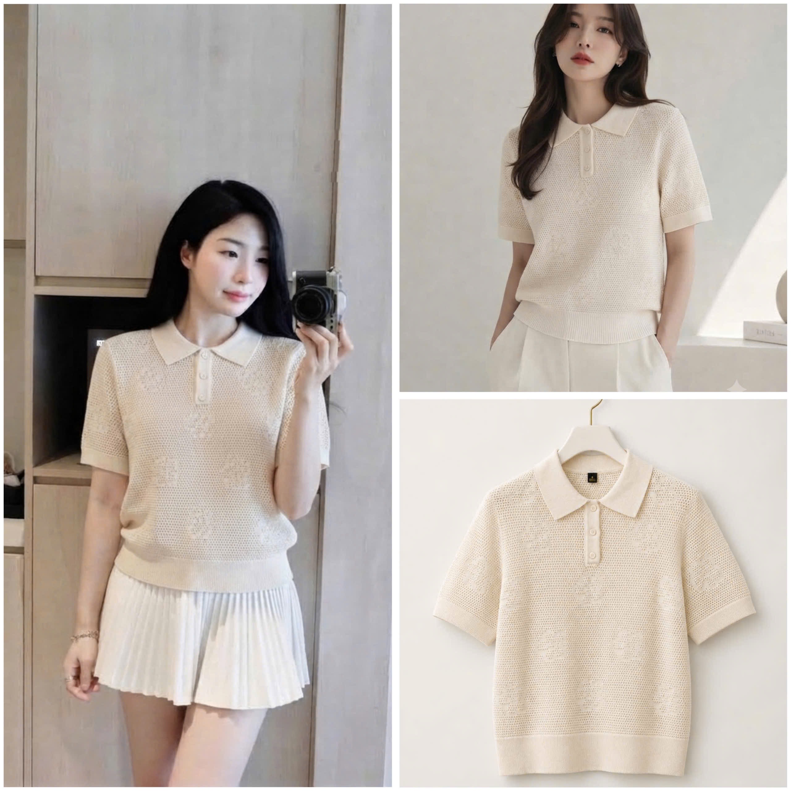 A707- Áo len lỗ cộc tay hoa be hàng nhà máy đủ tem