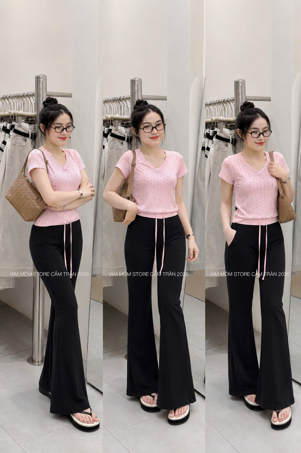 Set1035-Set áo thun bi hồng phối quần loe đen
