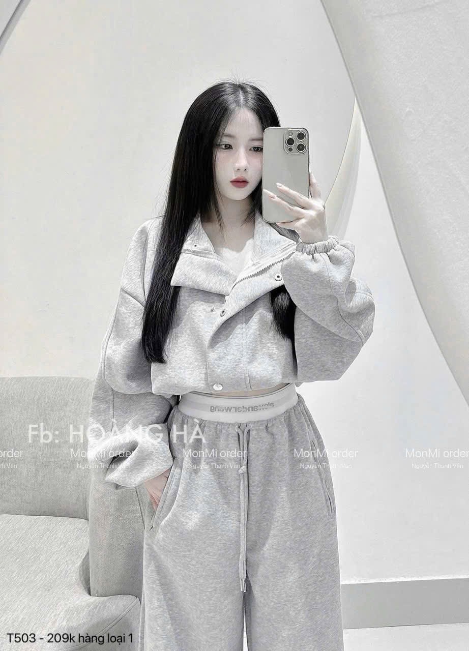 Set803- set nỉ bông màu ghi sáng cao cổ khoác trước