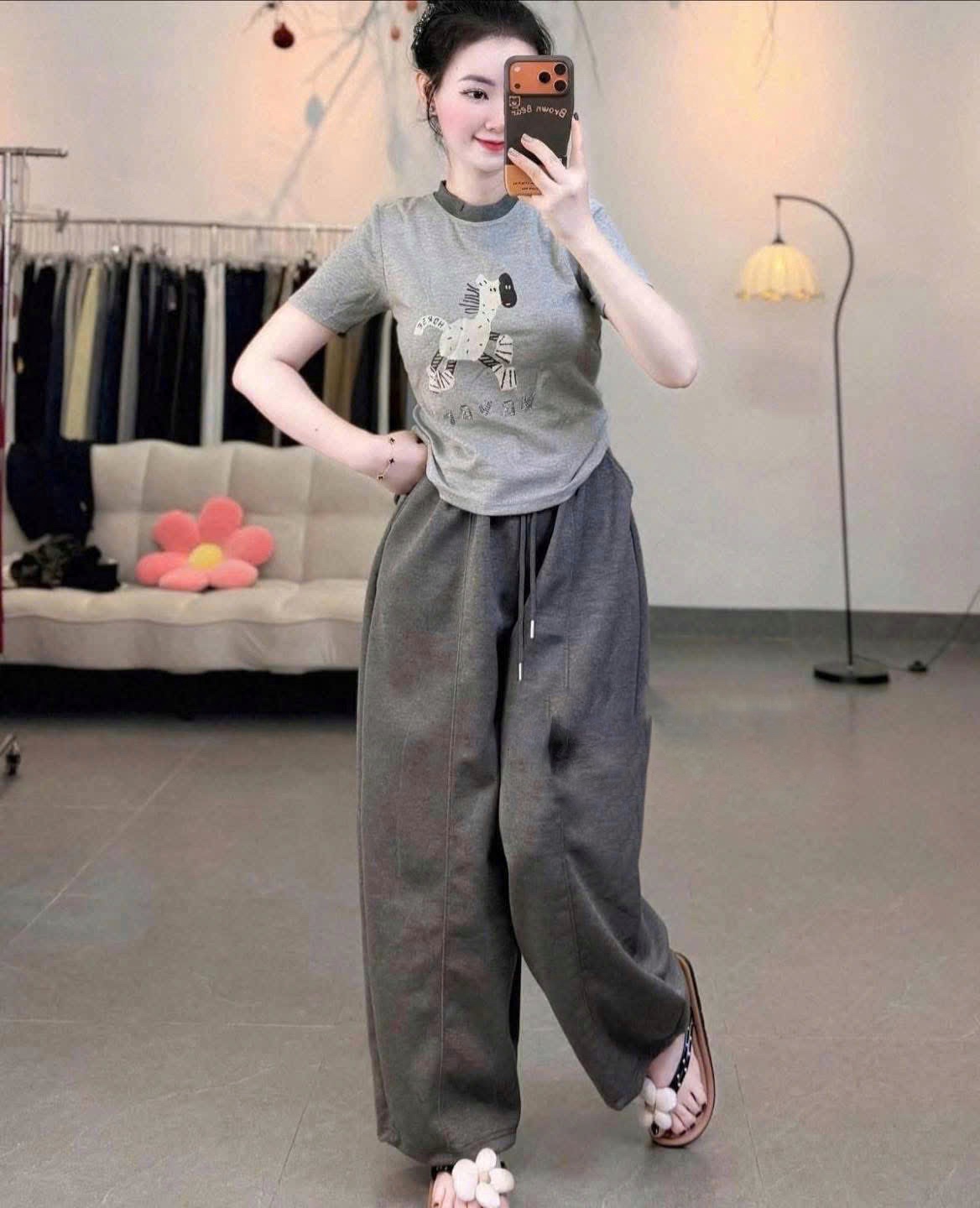 SET954-Set áo thun cộc ngựa xám phối quần baggy