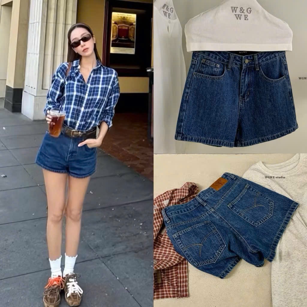 QUAN117- quần short Jeans xanh đậm mác da
